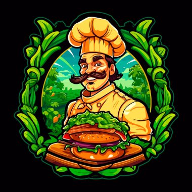Şefin hamburgeri. Klasik Amerikan sokak yemekleri. Çizgi film vektör çizimi. izole edilmiş arkaplan, etiket, etiket