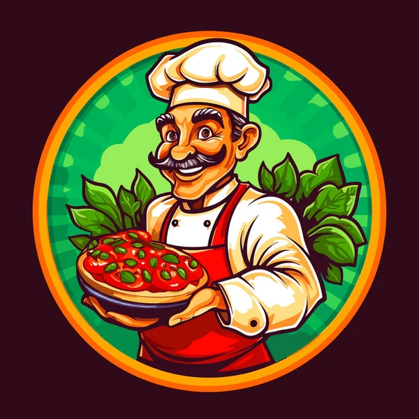 Glad Kock Med Pizza Italiensk Traditionell Pizzeria Tecknad Vektor Illustration — Stock vektor