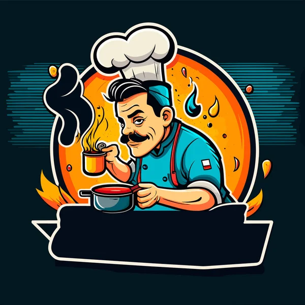 シェフは大きな鍋でスープを調理します 漫画のベクターイラスト ラベルステッカー — ストックベクタ