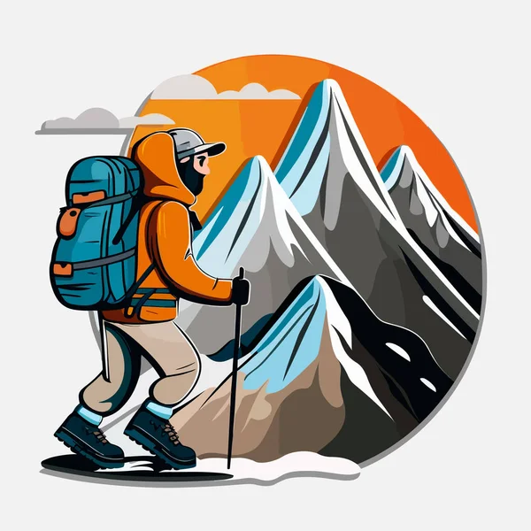 山のピーク時の観光客 アクティブライフコンセプト スポーツ分野 漫画のベクトルイラスト白の背景ラベルステッカー — ストックベクタ