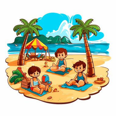 Çocuklar deniz kıyısındaki kumsalda oynuyorlar. Yaz tatili ve eğlence. Çizgi film çizimi. beyaz arkaplan, etiket, etiket