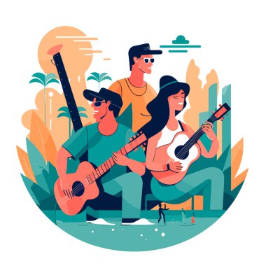 Yaz müzik partisi. Doğada gitar çalan müzisyenler. Çizgi film vektör çizimi. Davet, etiye, etiket