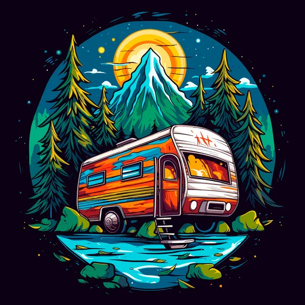 Férias Verão Camping Viaje Caravana Para Aventura Viagem Família Desenhos — Vetor de Stock