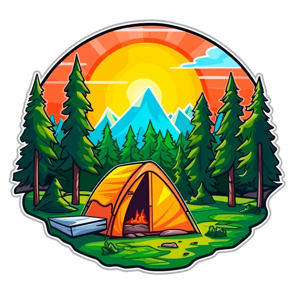 自然の中でテントの中でキャンプ テントの中で夏休みの冒険 漫画のベクターイラスト ラベル ステッカー Tシャツ印刷 — ストックベクタ