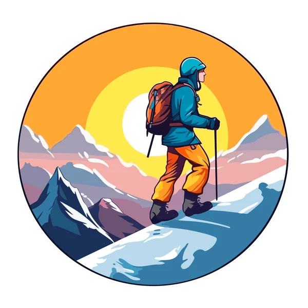 山のピーク時の観光客 アクティブライフコンセプト スポーツ分野 漫画のベクトルイラスト白の背景ラベルステッカー — ストックベクタ
