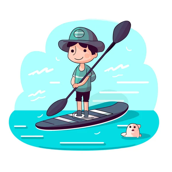 Stand Paddle Board Mann Paddleboard Sommerferien Urlaubsreisen Zeichentrickvektorillustration Etikett Aufkleber — Stockvektor