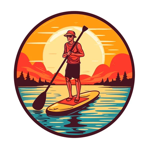 Mann Stand Paddle Boarding Auf Ruhiger See Sonnenuntergang Zeichentrickvektorillustration Weißer — Stockvektor