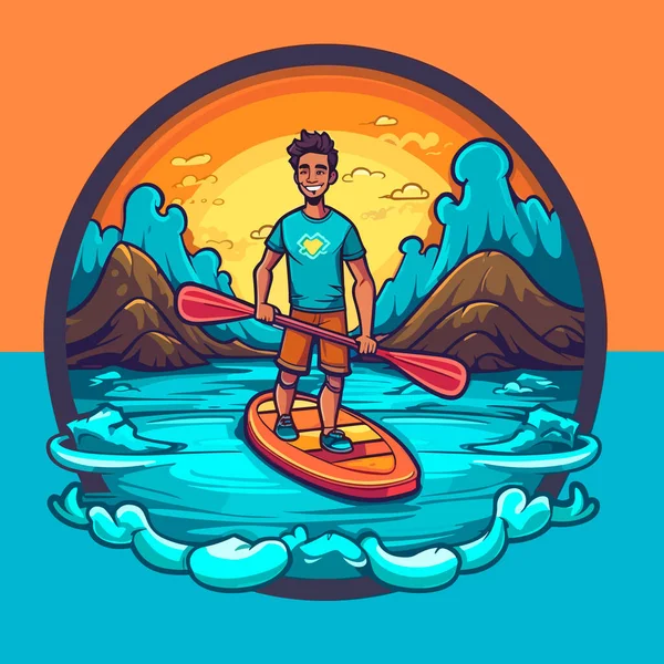 Homme Debout Paddle Embarquement Sur Mer Calme Coucher Soleil Illustration — Image vectorielle