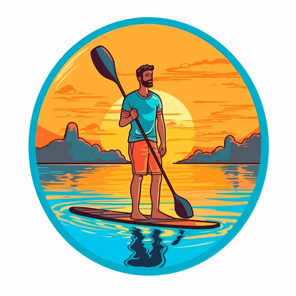 Mann Stand Paddle Boarding Auf Ruhiger See Sonnenuntergang Zeichentrickvektorillustration Weißer — Stockvektor