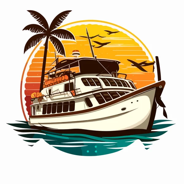 Typisches Tourenboot Freizeit Und Urlaub Auf Dem Wasser Zeichentrickvektorillustration Etikett — Stockvektor