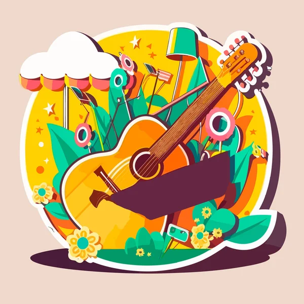 Guitar Musical Instrument Poster Summer Live Music Festival Jazz Party — Stock Vector