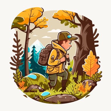 Ormanda seyahat ediyorum. Kırsala bir gezi. Çizgi film vektör çizimi. izole edilmiş arkaplan, etiket, etiket