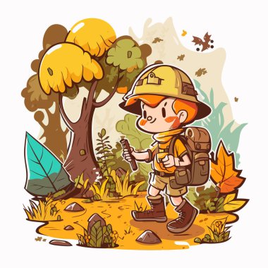 Ormanda seyahat ediyorum. Kırsala bir gezi. Çizgi film vektör çizimi. izole edilmiş arkaplan, etiket, etiket