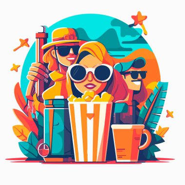 Bahçe partisi. Fast food ve patlamış mısır. Çizgi film çizimi. beyaz arkaplan, etiket, etiket