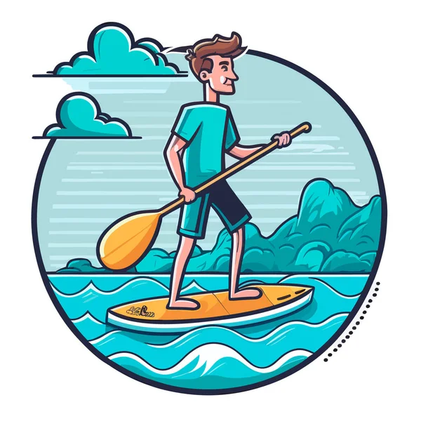 Stå Upp Paddla Ombord Mannen Paddleboarding Sommarsemester Resor Tecknad Vektor — Stock vektor