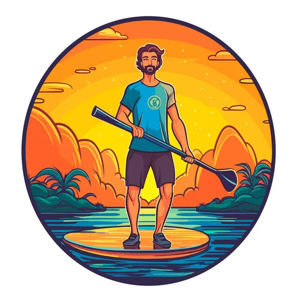 stock vector Man paddling on stand up paddleboard. Summer vacation leisure activity. Cartoon illustration. isolated background, label, sticker