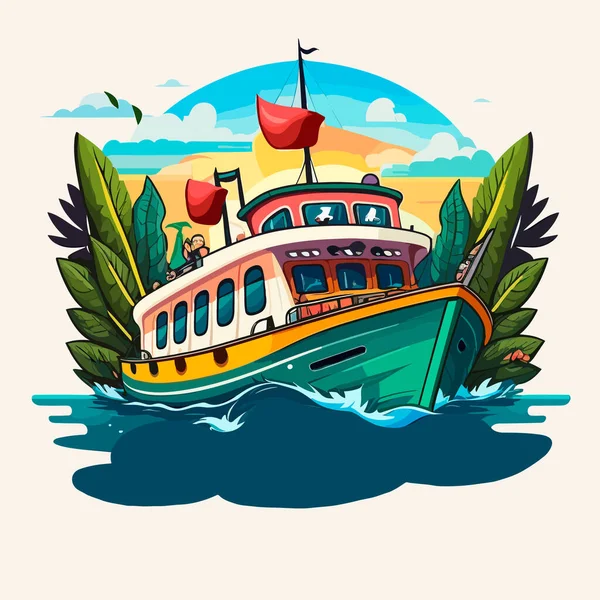 Ausflugsschiff Sommer Abenteuerkreuzfahrt Cartoon Illustration Weißer Hintergrund Etikett Aufkleber — Stockvektor