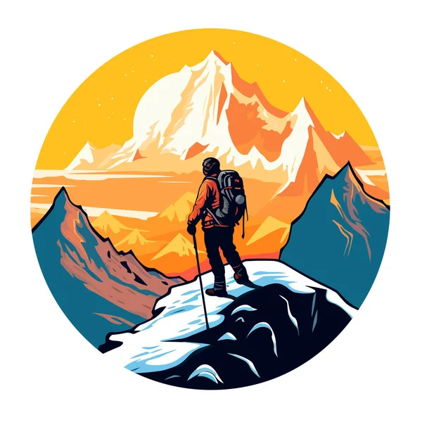 男は日没時に崖の上に立っている 高い山のハイキングや田舎への旅行 漫画のベクトルイラスト孤立した背景ラベルステッカー — ストックベクタ