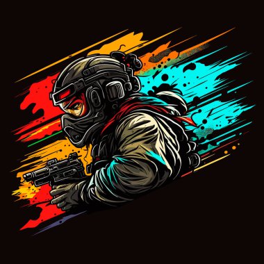 Otomatik silahı ve miğferi olan bir asker. Havalı oyuncu atışa hazır. Çizgi film vektör illüstrasyonu.