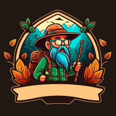 Kırsala bir gezi. Ormanda seyahat ediyorum. Ağaçların arasında hazine avcılığı. Çizgi film vektör çizimi. etiket, etiket