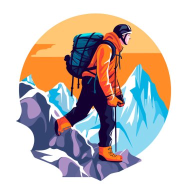 Kaya tırmanışı. Erkek bir dağcı zorlu bir dağ yoluna tırmanır. Çizgi film vektör çizimi. izole arkaplan