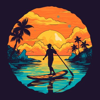 Günbatımında sakin denizde kürek çeken bir adam ayağa kalkar. Çizgi film vektör çizimi. beyaz arkaplan, etiket, etiket 