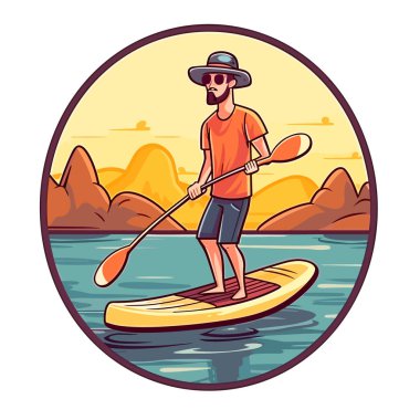 Gün batımında kürek çeken bir adam. Suda yaz tatili eğlence aktivitesi. Çizgi film çizimi. Etiket, etiket, amblem