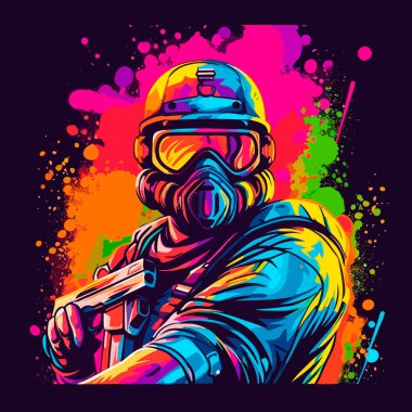 Otomatik silahı ve miğferi olan bir asker. Paintball oyuncusu atışa hazır. Arkaplanda renkli sıçramalar.