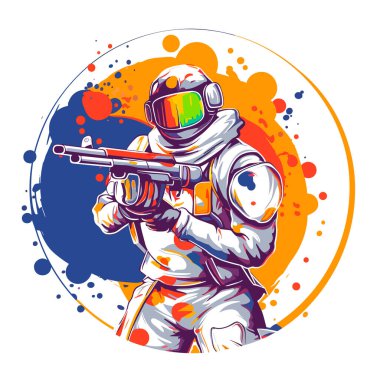 Geleceğin modern savaş oyunlarının lazer oyunu oyuncusu. Karakterin arka planında renkli bir parıltı. Çizgi film illüstrasyonu