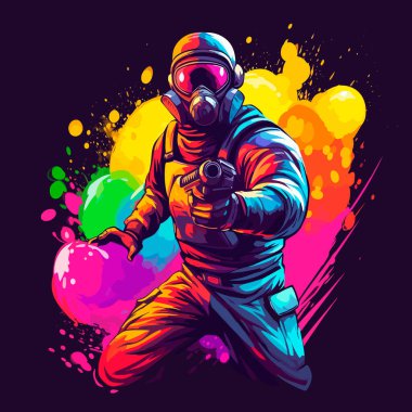 Zırhlı yelek, kask, yüz gözlüğü ve koruyucu maske takan bir paintball oyuncusu. Arka planda renkli patlamalar var. Çizgi film vektör illüstrasyonu.