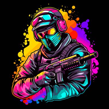 Otomatik silahı ve miğferi olan bir asker. Paintball oyuncusu atışa hazır. Arka planda renkli sıçramalar var. Çizgi film vektör illüstrasyonu.