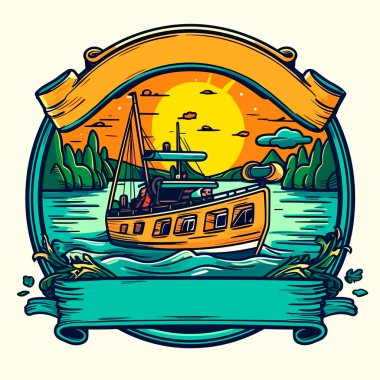 Motorlu teknelerin bakımı ve bakımı. Küçük bir motorlu tekne. Motorlu tekne kiralama. Çizgi film vektör çizimi. etiket, etiket