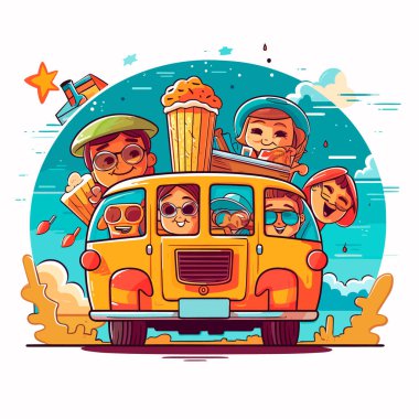 Fast food ve patlamış mısır. Yaz Araba Sineması. Çizgi film vektör çizimi. beyaz arkaplan, etiket, etiket