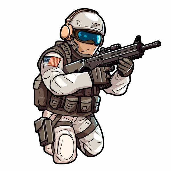Airsoft Player Armored Vest Helmet Face Glasses Protection Kneeling Attacking — Stock Vector