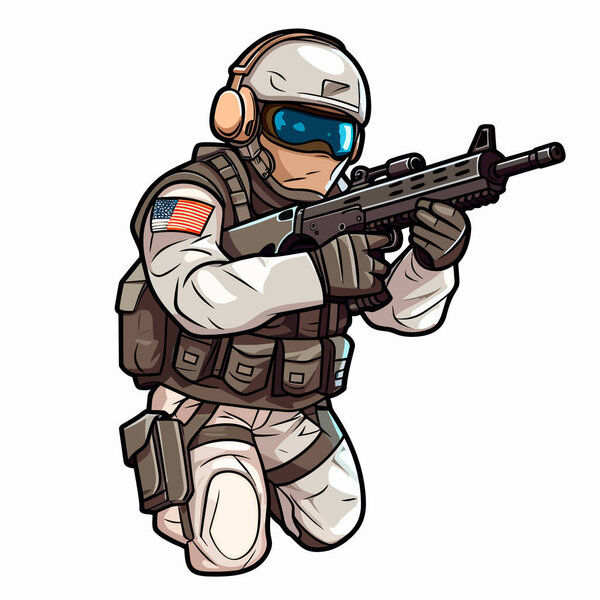 Airsoft player in armored vest, helmet, face glasses and protection kneeling and attacking with rifle on white background. Cartoon vector illustration.