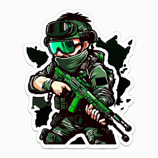 Airsoft Spieler Mit Maskengewehr Und Ausrüstung Zeichentrickvektorillustration Weißer Hintergrund Etikett — Stockvektor