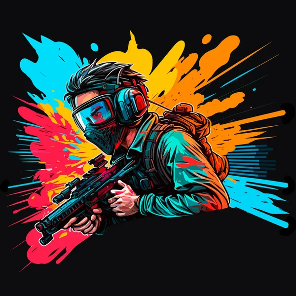Airsoft Spieler Soldat Mit Waffen Krieg Farbtupfer Von Schüssen Hintergrund — Stockvektor