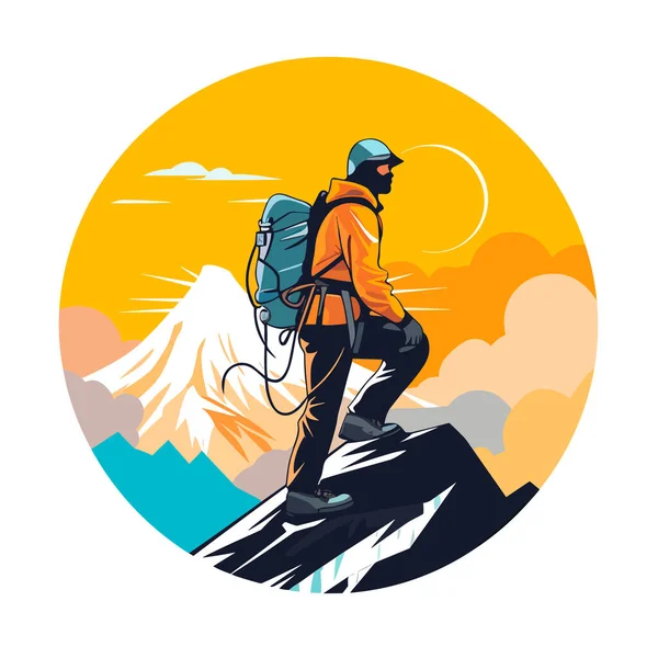 Gün Batımında Uçurumun Tepesinde Duran Bir Adam Yüksek Dağ Yürüyüşleri — Stok Vektör