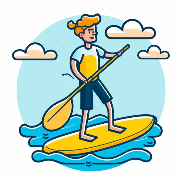 Stand Paddle Board Mann Paddleboard Sommerferien Urlaubsreisen Zeichentrickvektorillustration Etikett Aufkleber — Stockvektor