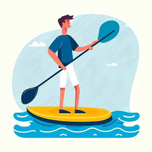 Homem Remando Stand Paddleboard Férias Verão Atividade Lazer Desenhos Animados —  Vetores de Stock