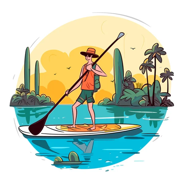 Man Paddles Paddleboard Sunset Summer Holiday Leisure Activity Water Cartoon — Stock Vector