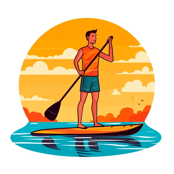 Homem Remando Stand Paddleboard Férias Verão Atividade Lazer Desenhos Animados — Vetor de Stock