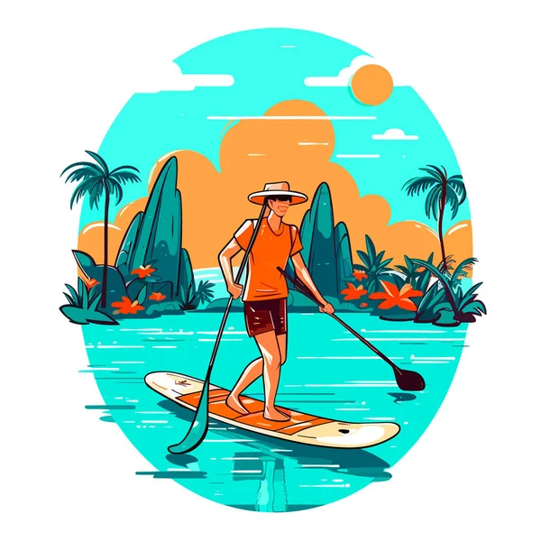 Levántate Hombre Paddle Board Paddleboarding Vacaciones Verano Viajes Ilustración Vectorial — Vector de stock