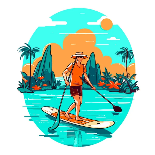 Stand Paddle Board Mann Paddleboard Sommerferien Urlaubsreisen Zeichentrickvektorillustration Etikett Aufkleber — Stockvektor