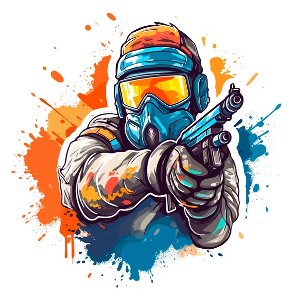 Giocatore Paintball Soldato Con Armi Guerra Schizzi Colore Spari Sullo — Vettoriale Stock