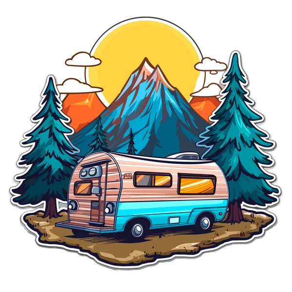 乘大篷车去探险 暑假和露营 家庭旅行 卡通矢量图解 T恤衫印刷 — 图库矢量图片#