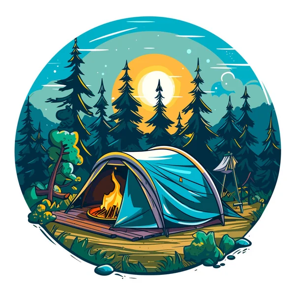 Kamperen Een Tent Open Lucht Zomervakantie Avonturen Tent Cartoon Vector — Stockvector
