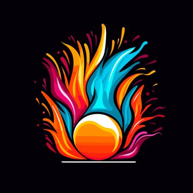 Arka planda renkli alevler olan bir bowling topu. Çizgi film vektör çizimi. Bowling logosu