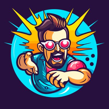 Bowling oyuncusu topu fırlatıyor. Bowling logosu vektörü. Çizgi film çizimi. izole arkaplan