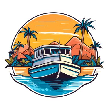 Turist teknesi. Yaz macera gezisi. Çizgi film çizimi. beyaz arkaplan, etiket, etiket